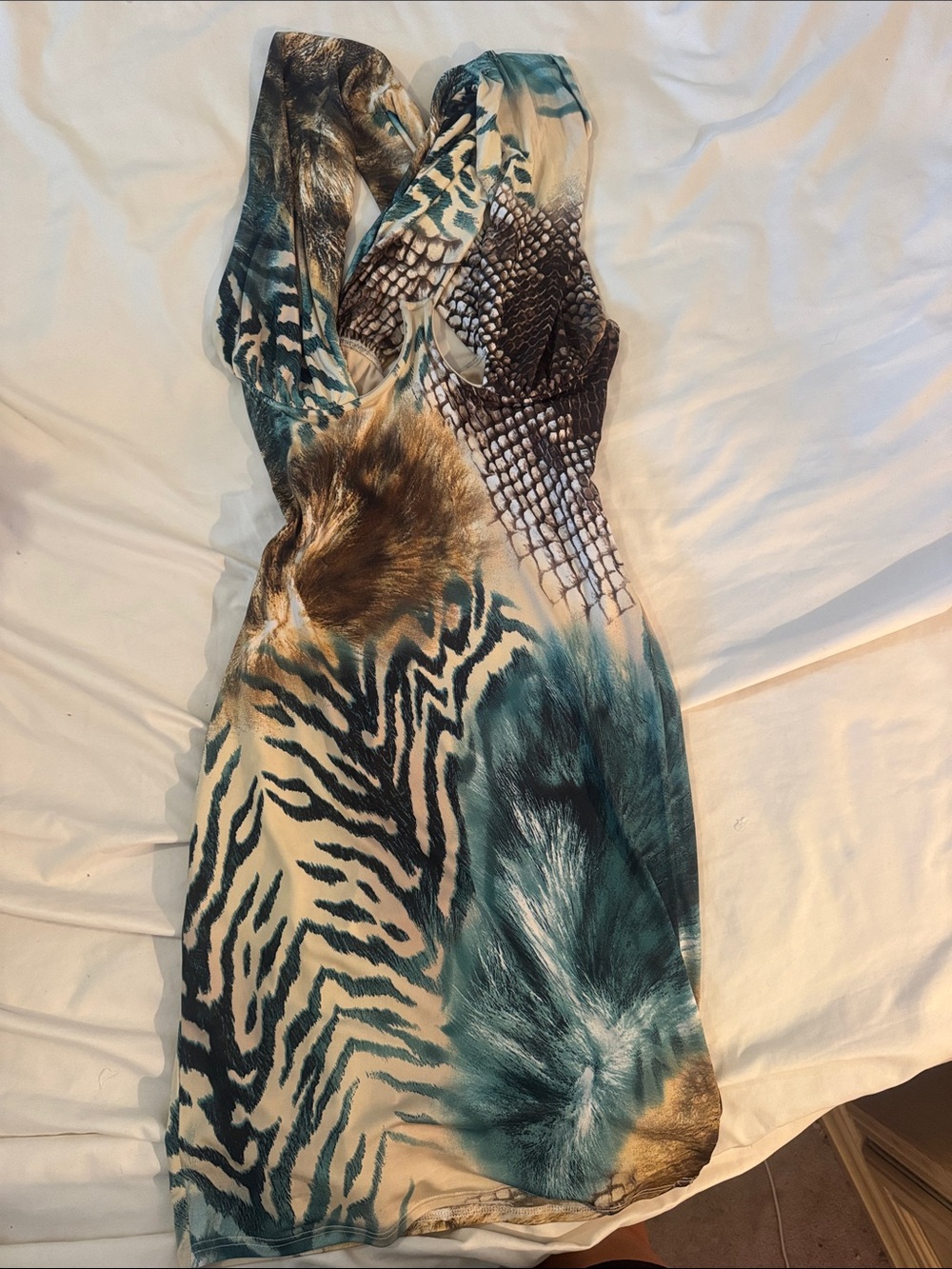 Fashion Nova Teal and Beige One-Shoulder Animal-Print Dress